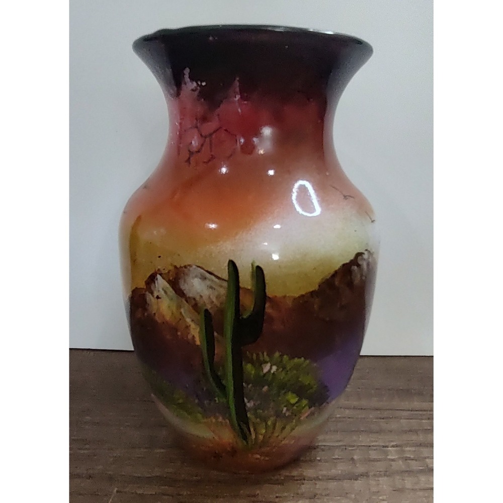 Glass Vase Desert Scene Painted Cactus Mountains Birds Purple Blue Browns